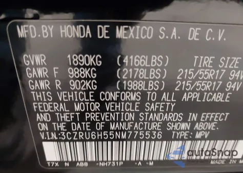2022 Honda Hr-V Awd Ex from USA, damaged, VIN 3CZRU6H55NM775536